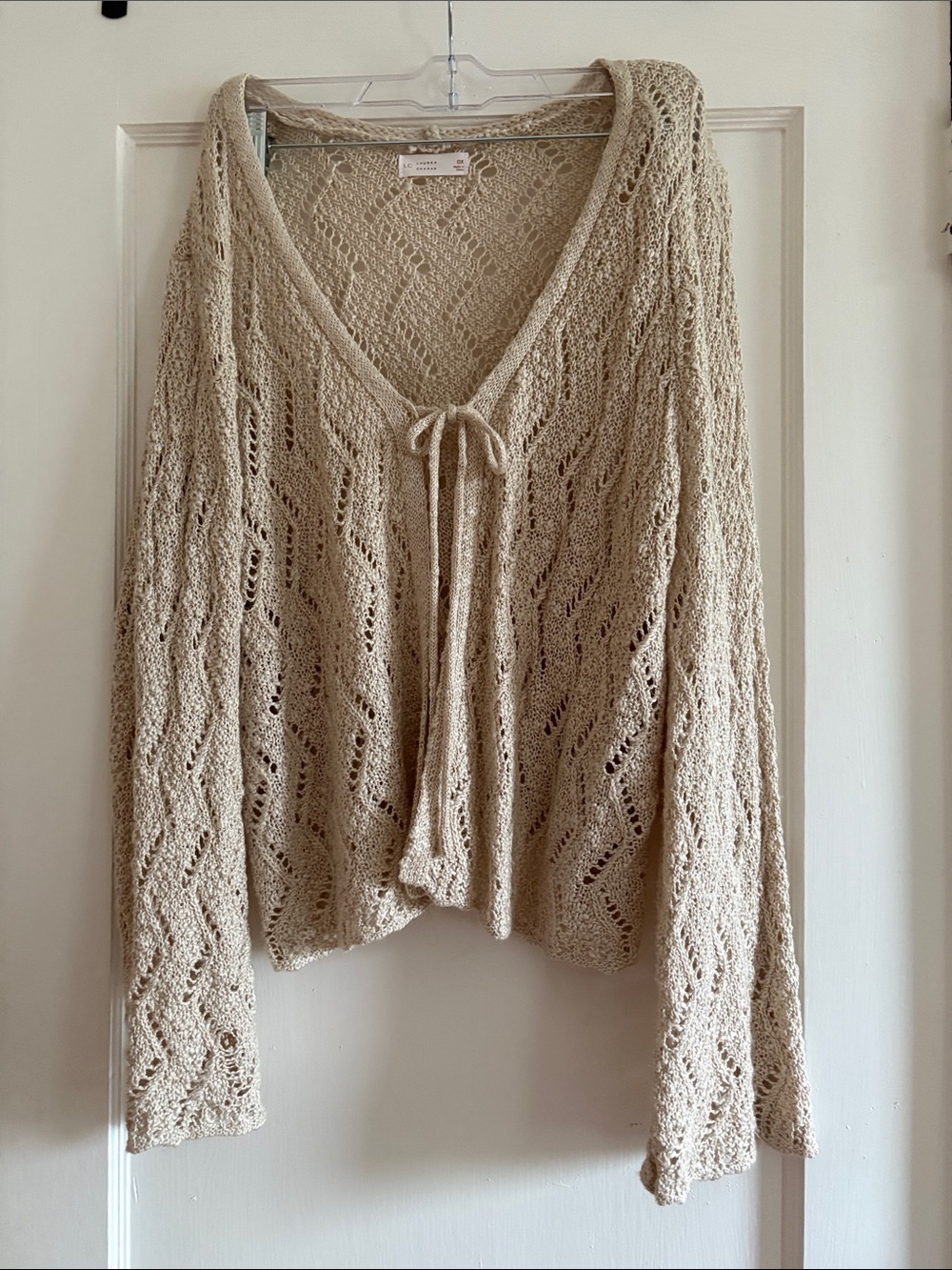 LC Lauren Conrad Beige Open-Knit V-Neck Tie-Front Sweater